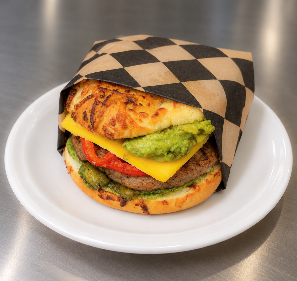 Southwest Sunrise breakfast bagel with sausage, egg, pepper jack cheese, tomato, and guacamole spread.